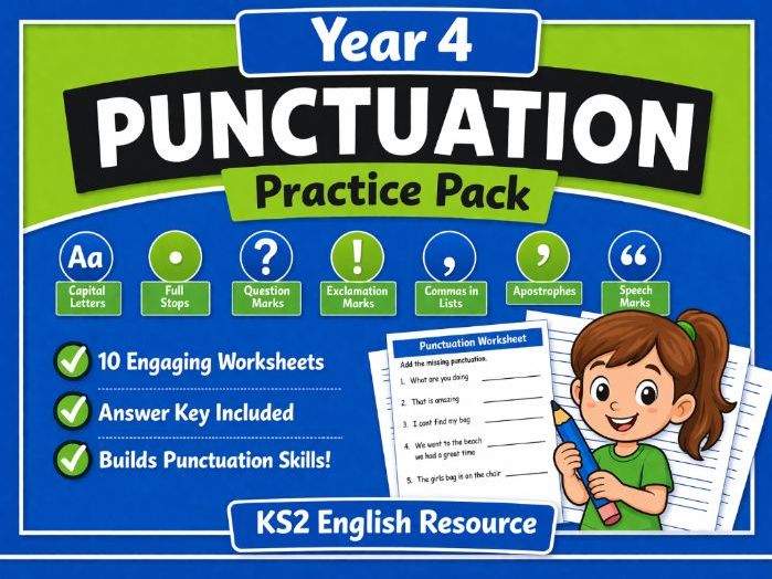 Year 4 Punctuation Worksheets | KS2 English | Capital Letters Apostrophes Commas | Printable Pack