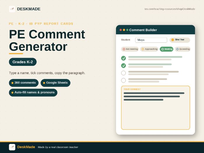PE Comment Generator | Grades K-2 | IB PYP Report Cards