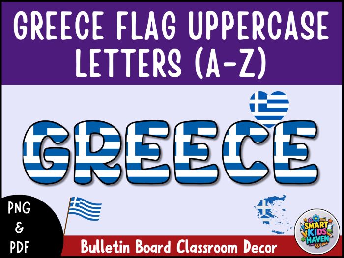 Greece Flag Bulletin Board Letters Uppercase Alphabet A-Z Classroom Decor.