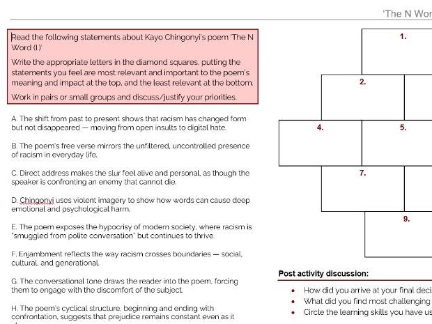 Kayo Chingonyi poetry: The N Word (I.) Diamond 9 Worksheet