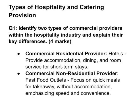 WJEC Hospitality and Catering Unit 1 Revision 1.1.1 Hospitality and catering providers