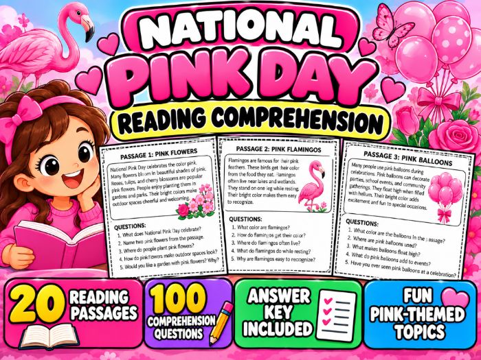 National Pink Day Reading Comprehension | 20 Pink-Themed Passages & Questions