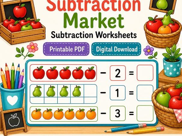 Cozy Subtraction Market Worksheets for Kids