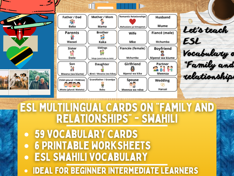 ESL Multilingual Vocabulary Flashcards - Family and Relationships - Swahili