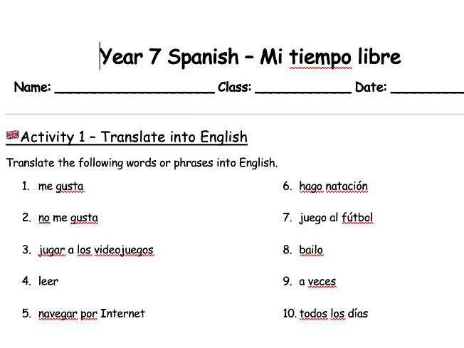 Year 7 KS3 Spanish mi tiempo libre worksheet