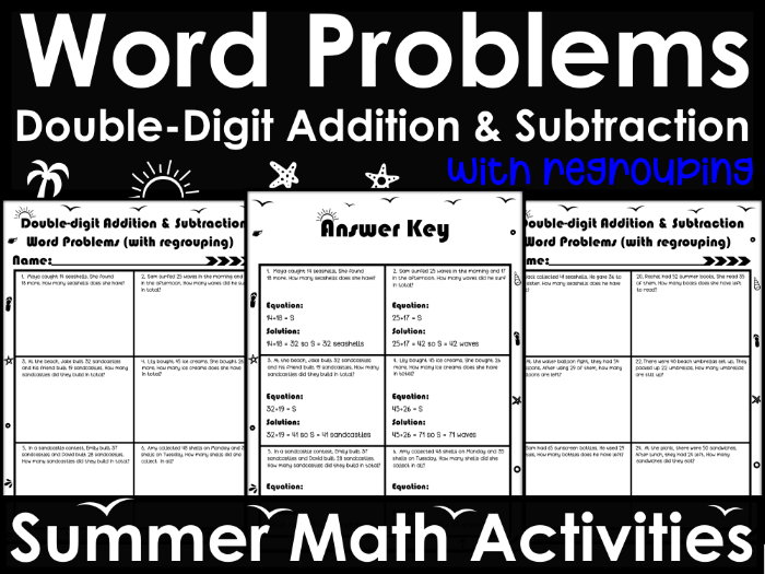 Summer Math 2 Digit Addition and Subtraction Word Problems with Regrouping