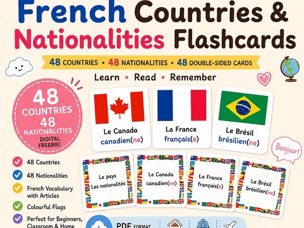 FREE French Countries & Nationalities Flashcards | 48 Printable Vocabulary Cards