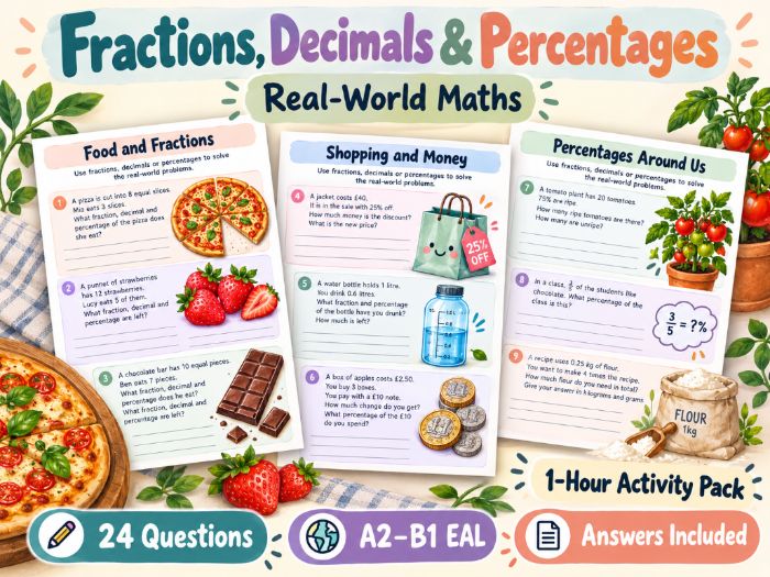 Fractions, Decimals & Percentages: Real-World Maths | Illustrated Worksheets + Answers