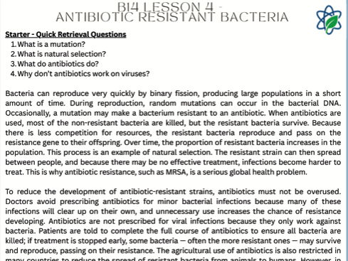 B14/L4 -Antibiotic Resistant Bacteria Lesson Worksheet With Answers/GCSE/AQA/Combined Science
