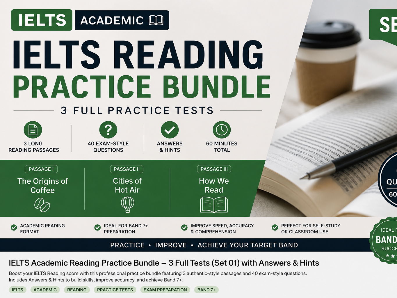 IELTS Academic Reading Practice Bundle – 3 Full Tests, 40 Questions, Answers & Hints | Band 7+