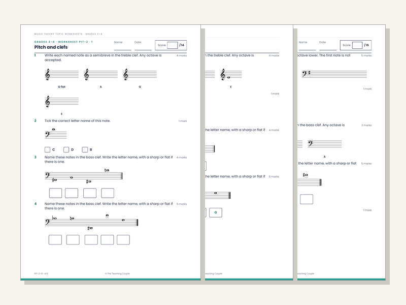 Grades 3–4 Music Theory Worksheets: Pitch & Clefs (20 Sheets + Answers)