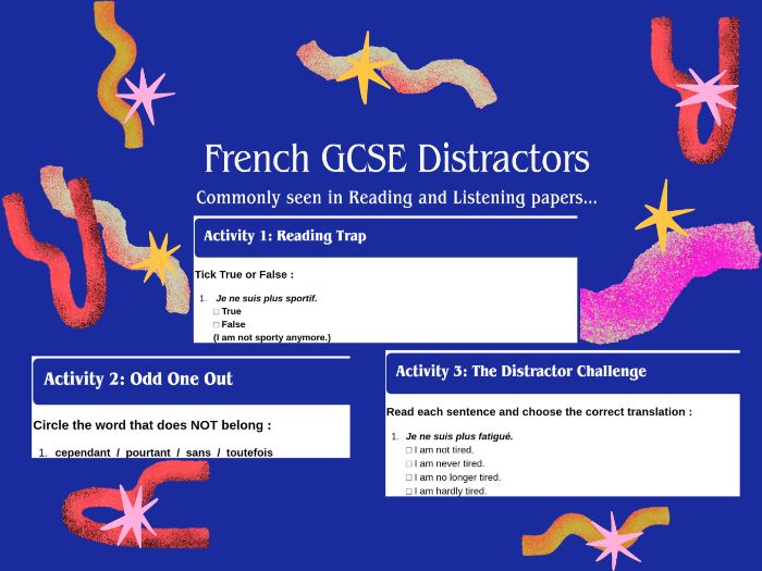 GCSE French Distractors Vocabulary List and Worksheet PDF