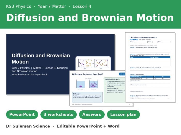 KS3 Diffusion and Brownian Motion Lesson + Worksheets | Year 7