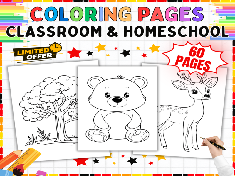 60 Colouring Pages - Creative Learning Art Activities | Animals Nature Scenes | Classroom Worksheets