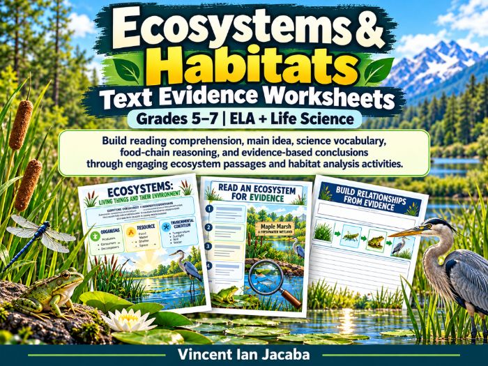Ecosystems & Habitats Text Evidence Worksheets for Grades 5–7 | Science & Reading