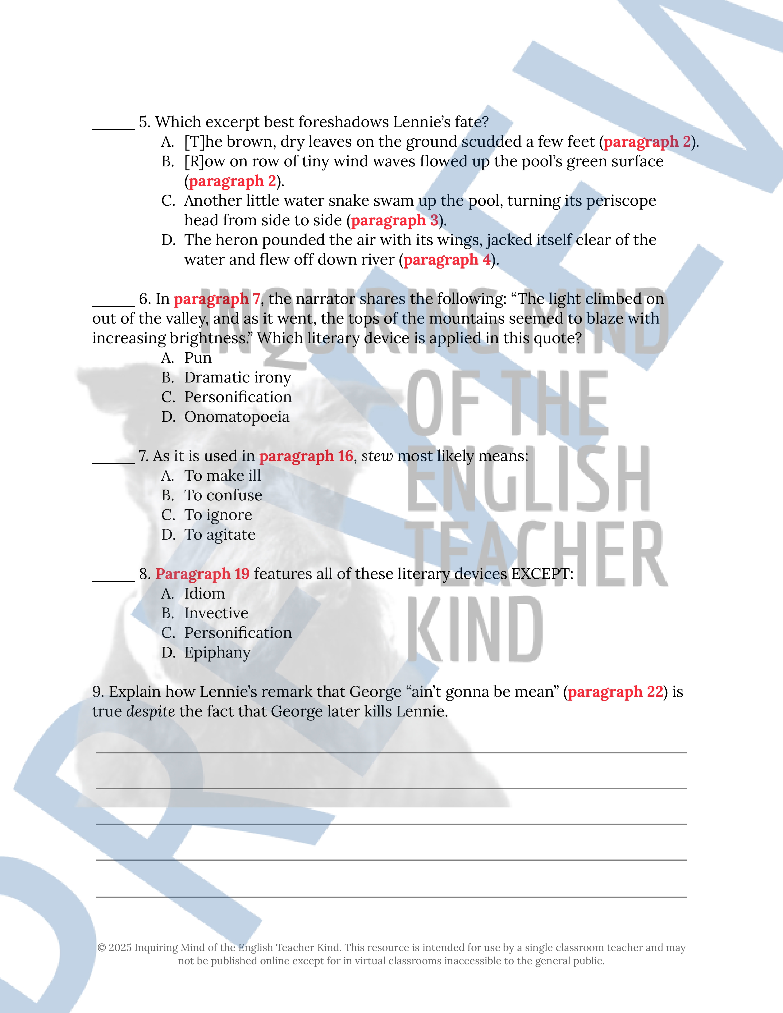 Of Mice and Men Chapter 6 Novel Analysis Worksheet | Close Reading ...