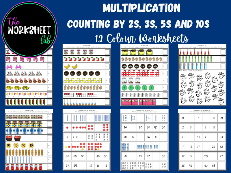 Multiplication: Skip Counting by 2s, 3s, 5s and 10s Worksheets in Colour
