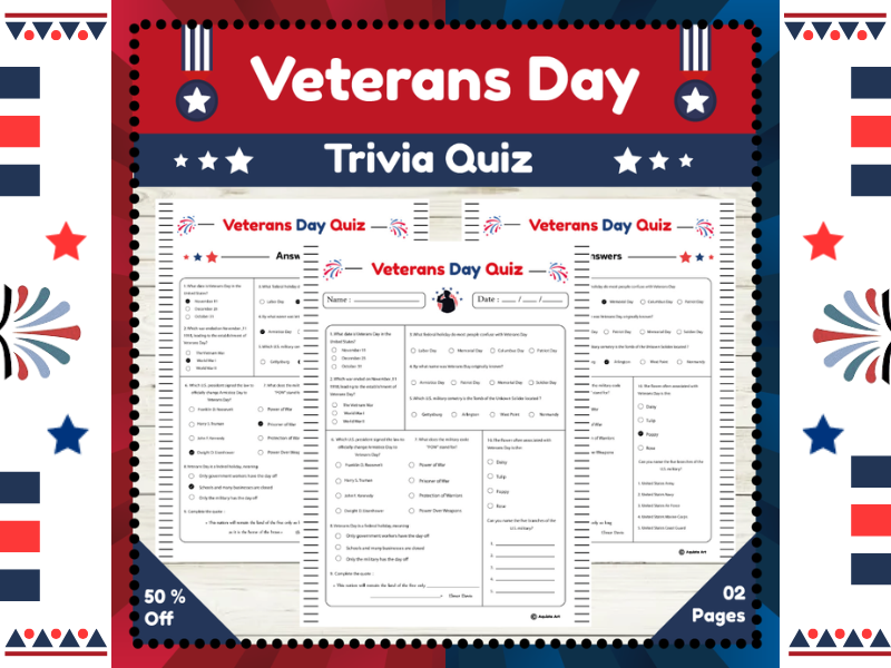 Veterans Day Quiz : Educational Trivia Questions Sheet for Kids
