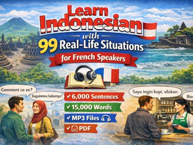 Learn Indonesian for French Speakers, 6,000 Sentences, 15,000 Words(MP3 & PDF)