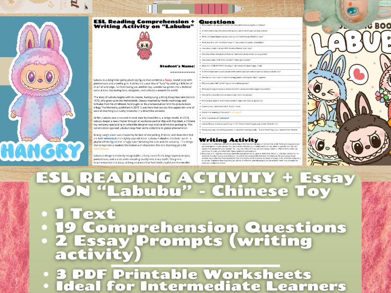 ESL Reading Comprehension + Writing Activity Worksheets - Labubu - Chinese Toy