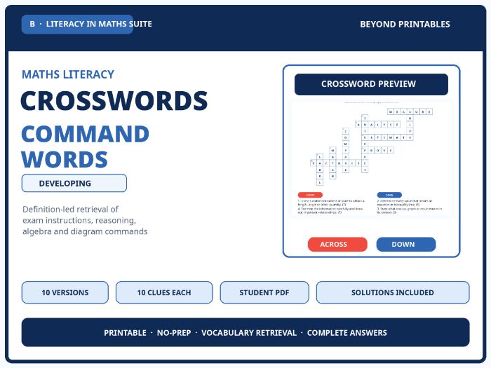 Developing Maths Command Words Crosswords | 10 Vocabulary Puzzles with Solutions