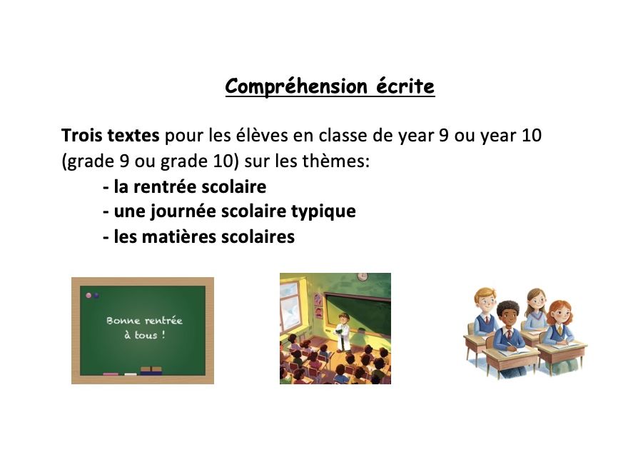 Reading bundle (year 10 or 11 - grade 9 or 10): la rentrée,  la journée scolaire, les matières