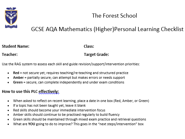 AQA GCSE Maths PLC's (Foundation and Higher)