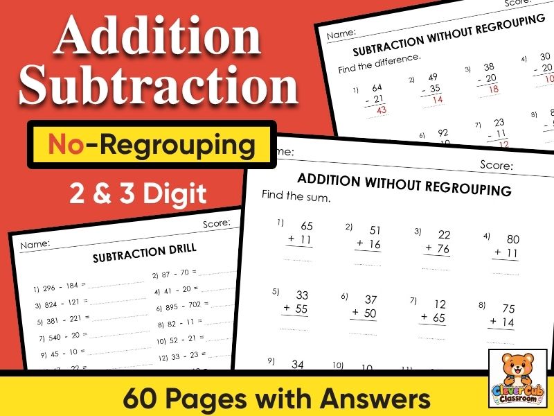 2 & 3 Digit Addition Subtraction Without Regrouping Worksheets | Math Practice