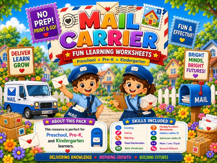 Mail Carrier Worksheets | Preschool Math Tracing & Matching Activities Pre-K Kindergarten