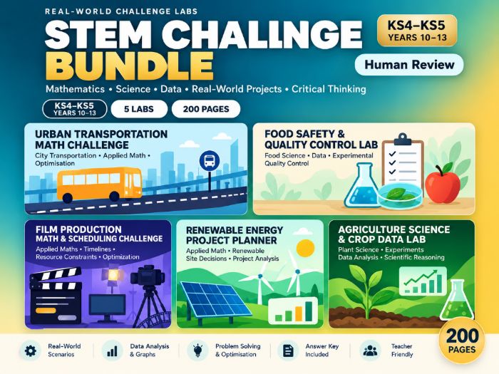 Real-World STEM Challenge Bundle  KS4–KS5  Years 10–13  200 Pages  5 Applied Maths & Science Labs