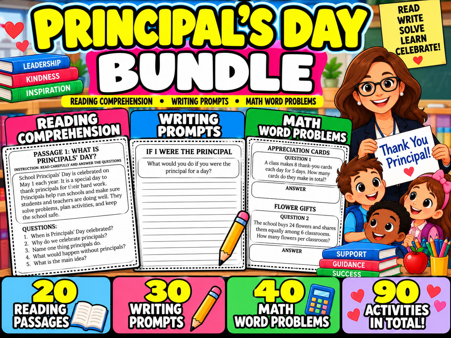 Principal's Day Bundle | Reading Comprehension, Writing Prompts and Math
