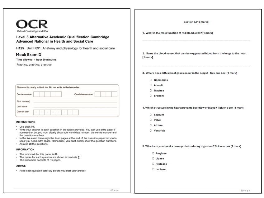 AAQ OCR Cambridge Health & Social Care F091: A&P Mock exams D
