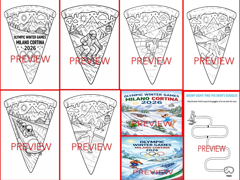 WINTER OLYMPICS 2026 COLOURING PAGES (5) + 2 FREE POSTER / ACTIVITY SHEET / PIZZA / MILANO CORTINA