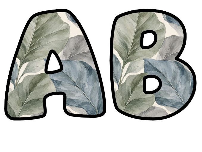 Grey Green Leaves Bubble Letters | Botanical Bulletin Board Letters | Printable Alphabet A-Z and 0-9