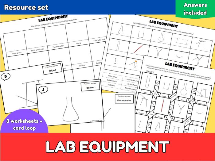 KS3 Year 7 Lab Equipment Worksheets Maze Cut and Stick Drawing Card Loop Activity Pack