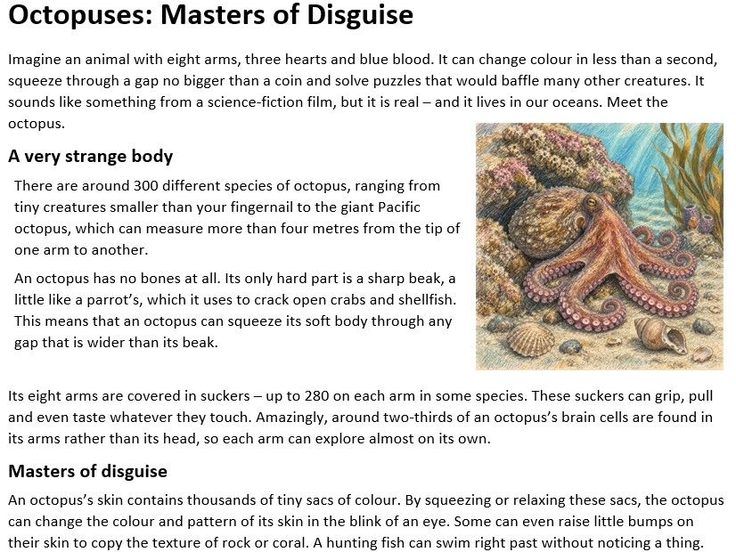 Free Y6 Reading Stamina sample- Octopuses: Masters of Disguise.