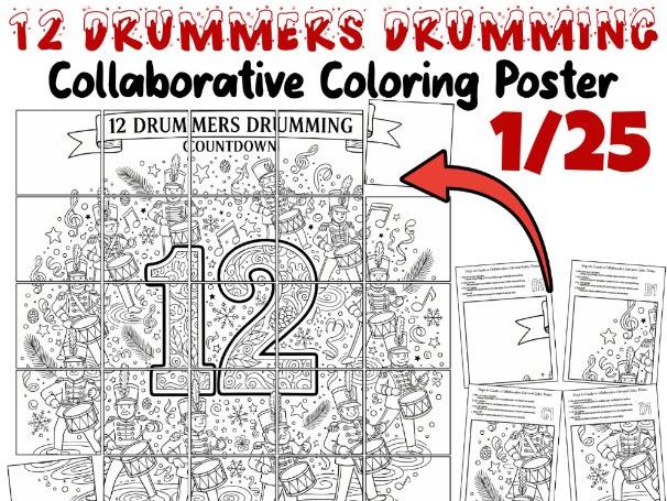 12 Drummers Drumming Collaborative Poster | Christmas Countdown Coloring Activity