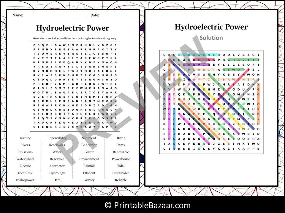 Hydroelectric Power Word Search Puzzle Worksheet Activity Teaching Resources