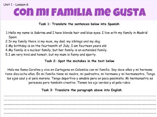 GCSE AQA Spanish Unit 1 Lesson 6 - Con mi familia me gusta