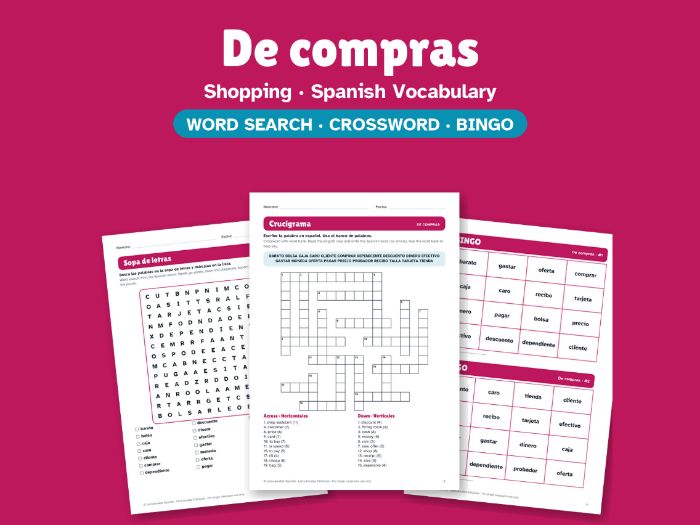 Shopping in Spanish: Word Search, Crossword & Bingo