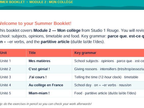 Year 7 KS3 French — Summer Revision Booklet | Studio 1 Rouge | Module 2