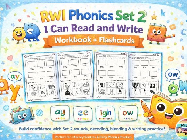 Reception / Year 1 /Year 2 - RWI phonics set 2 'I can read and write' workbook + set 2 flashcards