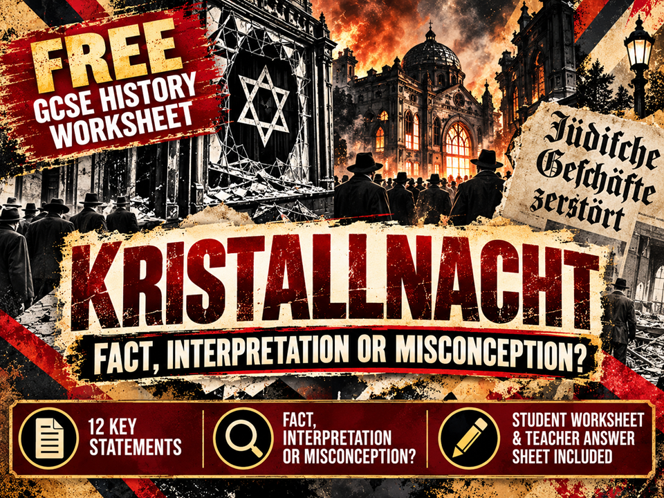 FREE GCSE Nazi Germany Worksheet | Kristallnacht 1938 | Fact, Interpretation or Misconcepti