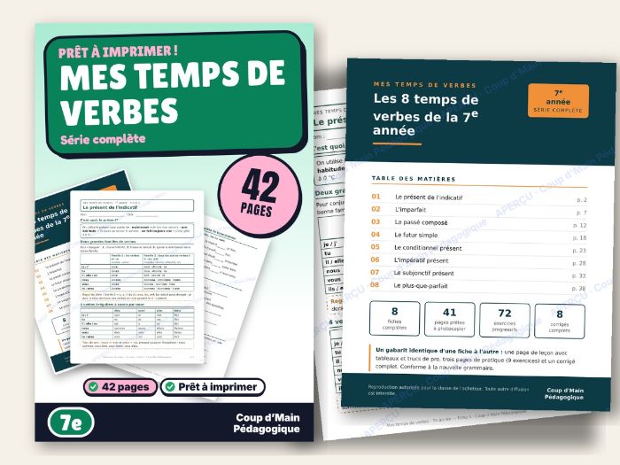 French Verb Tenses Worksheets Grade 7 Bundle 8 Tenses | Mes temps de verbes