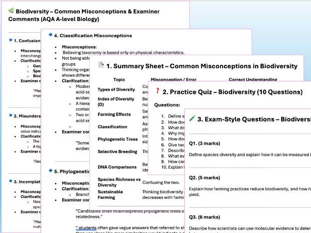 AQA A level Biology Revision Common Misconceptions & Practice Chapter 10 Biodiversity