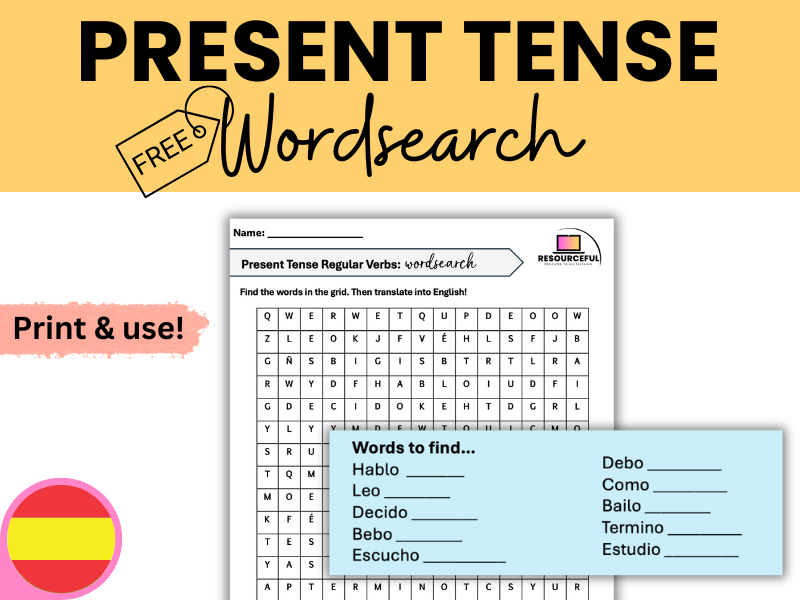 Spanish Present Tense Verbs Wordsearch