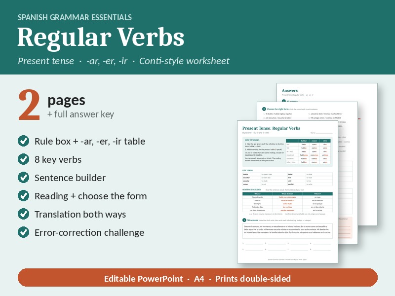FREE Spanish Present Tense Regular Verbs: Conti-Style Worksheet