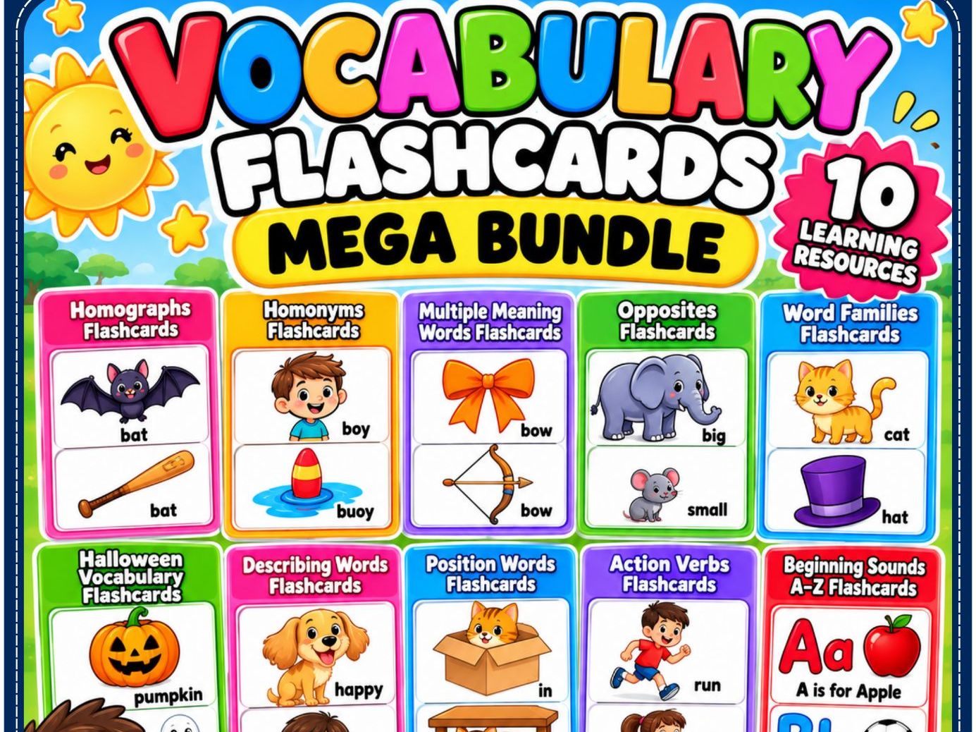 KS1 English Vocabulary Flashcards Bundle | Phonics, Verbs, Opposites, Word Families & More