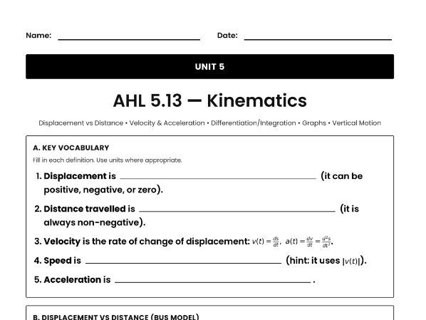 IB Math AI Worksheet AHL 5.13 - Kinematics