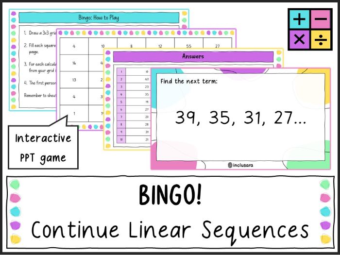 Continuing Linear Sequences Bingo Game, Whole Class Algebra Games